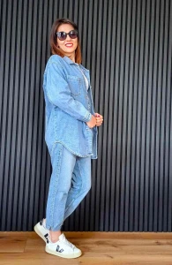 Koszula  damska niebieska jeans z paskiem 