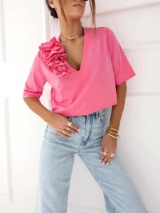 T-shirt damski Różowy z kwiatami 