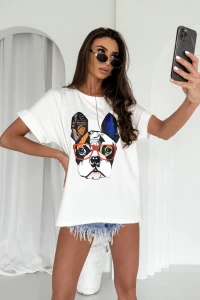  T-shirt oversize damski  LOU DOGGY biały