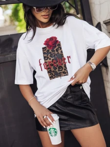 Cocomore t-shirt damski biały  forever róża i panterka  