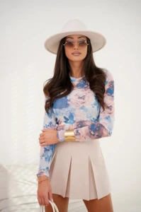 LaBalancia Bluzka tiulowa z siatki, niebiesko-beżowe kwiaty 