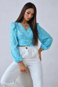 Bluzka damska kopertowa  Sanah-niebieska wzór cytryny