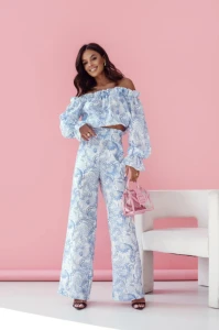 LaBalancia Komplet damski  lniany -bluzka hiszpanka+spodnie szerokie błękitny wzór liści