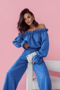 LaBalancia Komplet damski  lniany -bluzka hiszpanka+spodnie szerokie niebieski 