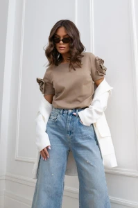 Cocomore t-shirt damski kwiat na rękawach-beżowy Latte