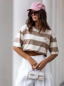 Cocomore T-shirt damski w paski latte-beżowy 