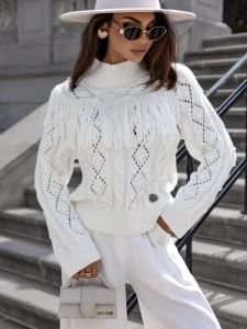 Cocomore sweter damski  biały frędzle 