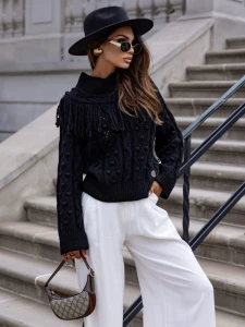 Cocomore sweter damski  czarny frędzle  