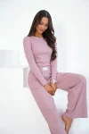 Komplet dresowy damski Hanna pudrowy róż bluzka i szerokie spodnie 