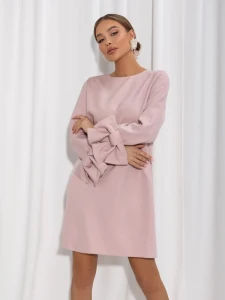 Cocomore sukienka damska brudny róż mini z kokardą na rękawie  