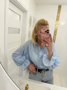 Koszula damska 100% len z falbanką niebieska