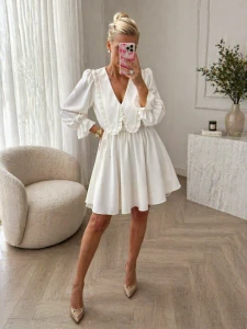 Sukienka damska rozkloszowana ecru długi rękaw 