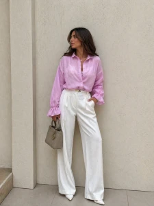 Koszula damska 100% len z falbanką różowa