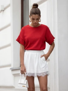 Sweter damski czerwony krótki rękaw z falbanką wiskoza 