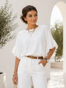 Sweterek damski ecru z falbaną wiskoza krótki rękaw  