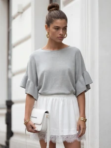 Sweterek damski szary z falbaną wiskoza krótki rękaw   