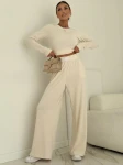 Komplet dresowy damski Hanna kremowy bluzka spodnie wide leg 