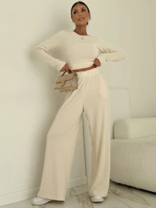 Komplet dresowy damski Hanna kremowy bluzka spodnie wide leg 